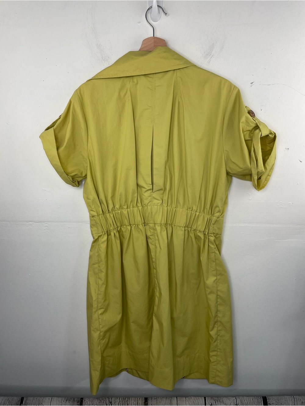 Cabi Loaquat Safari Trench Coat Dress Pockets Yellow Green Size Large Cotton - Picture 8 of 15